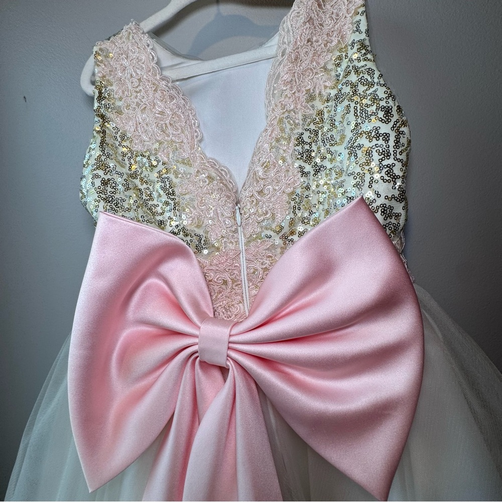 Flower Girl Dress Size 7 Pink Bow Sequin Tulle Princess Wedding Party Dress - Picture 4 of 10